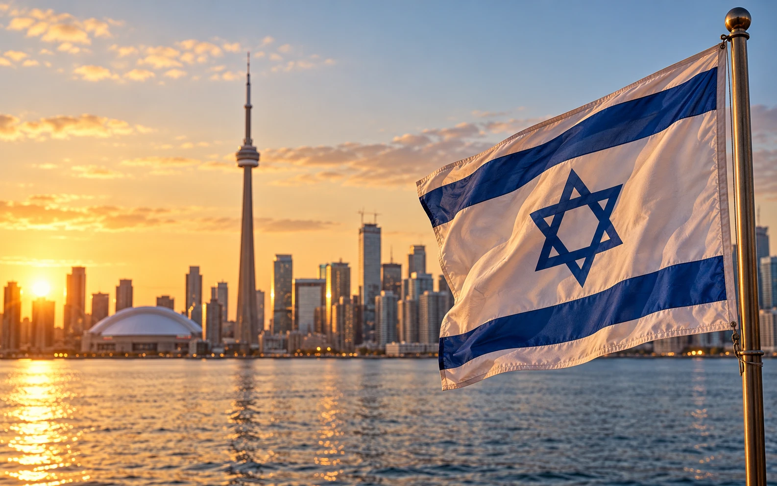 An editorial illustration of an Israeli flag overlooking Toronto