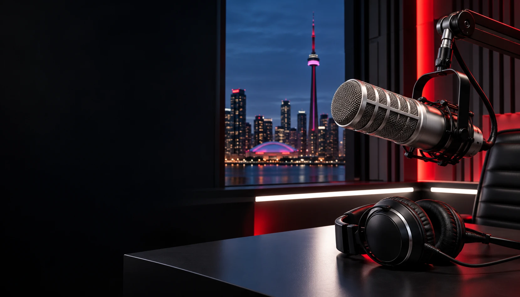 A broadcast microphone in a Toronto-inspired studio